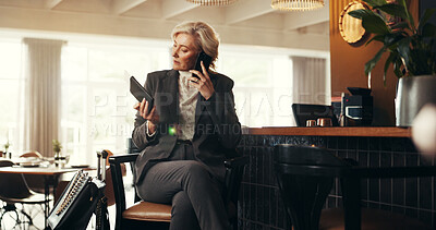 Buy stock photo Mature woman, phone call and passport at reception for discussion, travel schedule and work trip. Person, luggage and ticket with flight information, agenda and contact hotel for booking lodge