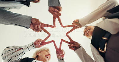 Buy stock photo Star fingers, circle and business people with team motivation, low angle or smile for goals, symbol at office. Team, employees and hands in huddle, peace sign or emoji for collaboration at agency