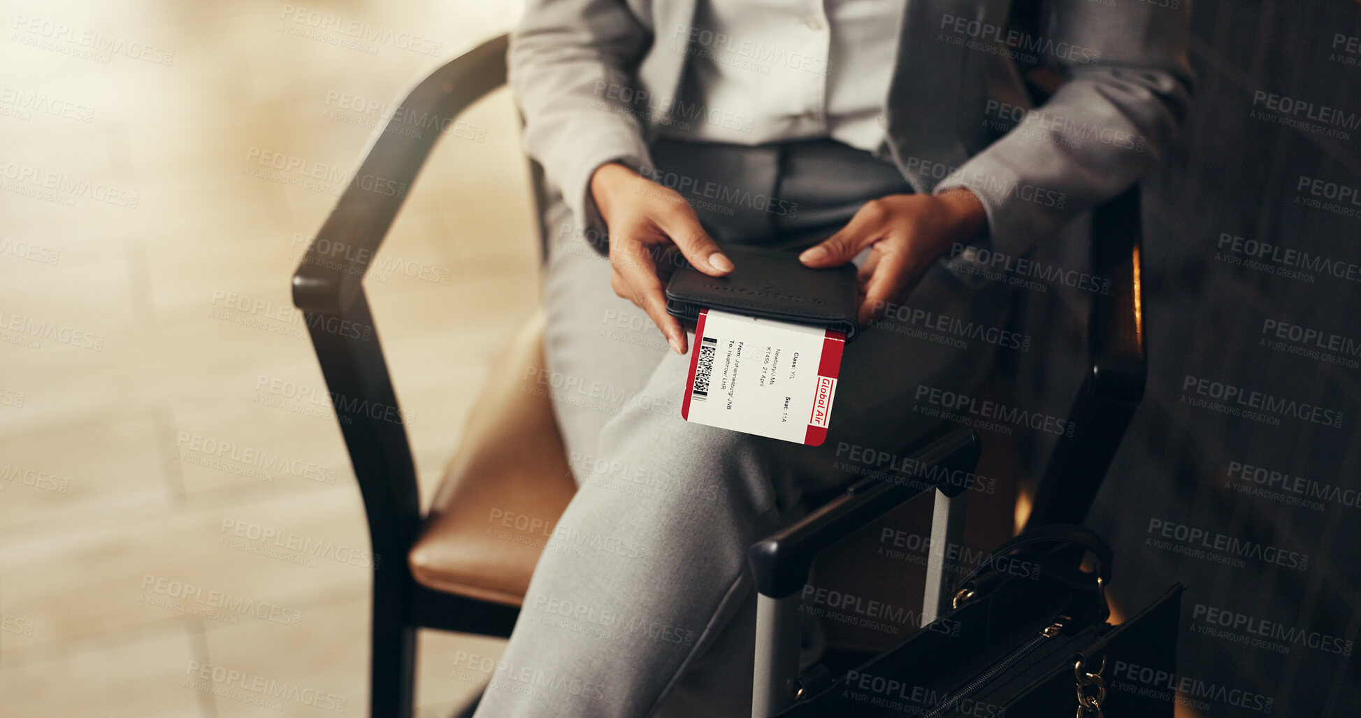 Buy stock photo Hands, passport and business person in lobby on travel, immigration or paperwork for global flight. Corporate employee, booking info and ticket with suitcase in airport lounge for international trip