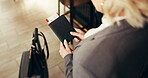 Business woman, hands and passport with luggage above for travel, commute or boarding pass. Top view, female person or traveler with identity document, bags or flight ticket for schedule departure