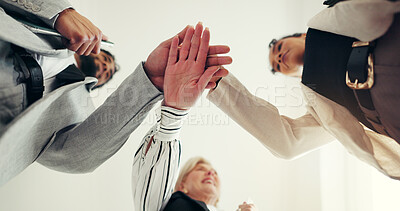 Buy stock photo Hands stack, low angle and business people at office with team motivation, support and circle at agency. Group, huddle and goals with celebration, achievement and collaboration at finance company