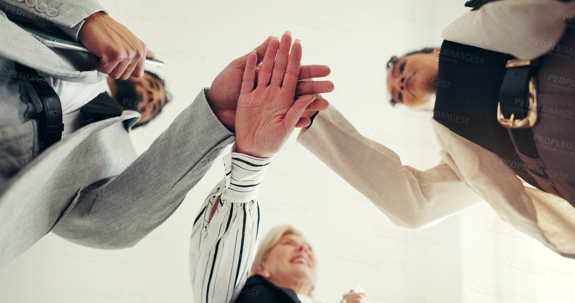 Buy stock photo Hands stack, low angle and business people at office with team motivation, support and circle at agency. Group, huddle and goals with celebration, achievement and collaboration at finance company
