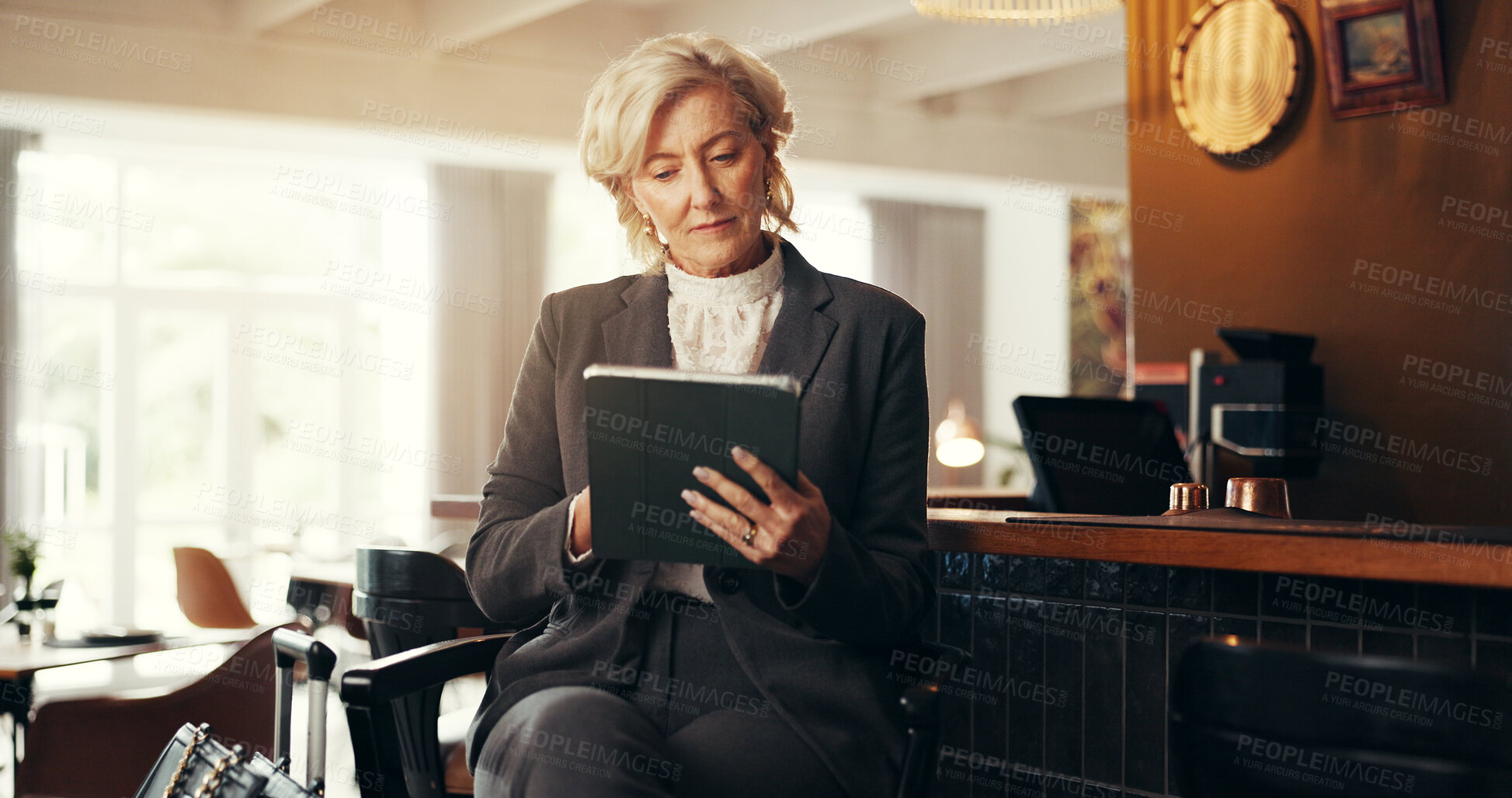 Buy stock photo Travel, tablet and business woman in airport lounge for conference, research and email confirmation. Online booking, seminar schedule and flight plan with mature person for information on reservation