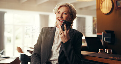 Buy stock photo Voice, phone call and mature business woman recording audio message, talking or feedback in hotel. Smile, mobile and manager with speaker for communication, hospitality and networking with contact