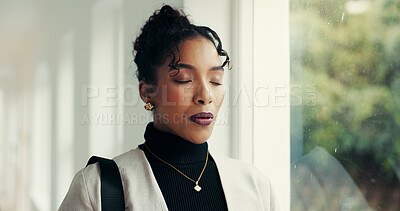 Buy stock photo Breathing, stress and thinking with business woman in office for balance, mental health or mindfulness. Anxiety, eyes closed and inhale with African employee in corporate workplace for awareness