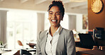 Portrait, business and woman in workplace, smile and accounting specialist with success. Pride, happy person and corporate professional with financial company, career ambition and risk management