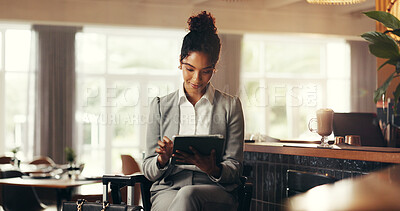 Buy stock photo Reading, tablet and business woman in airport lounge for conference, travel and email confirmation. Online booking, seminar schedule and flight plan with person for information on reservation