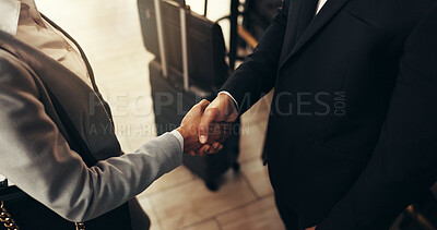 Buy stock photo Shaking hands, deal and business people in office with partnership, agreement or collaboration. Corporate, top view and financial manager with client for handshake on investment contract in workplace