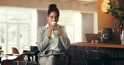 Buy stock photo Business woman, cafe and drinking with latte in luxury resort or hotel for hospitality or check in. Female person, traveler or commute with coffee for accommodation or catering service in lodge