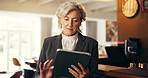 Search, tablet and business woman in airport lounge for conference, check in and email confirmation. Online booking, seminar schedule and flight plan with mature person for information on reservation