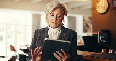 Buy stock photo Search, tablet and business woman in airport lounge for conference, check in and email confirmation. Online booking, seminar schedule and flight plan with mature person for information on reservation
