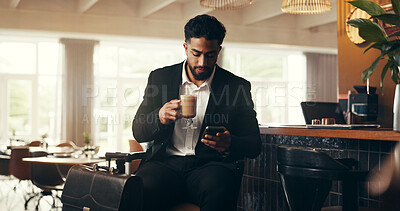 Buy stock photo Businessman, coffee and phone with luggage in hotel cafe for travel, check in or accommodation. Man, customer or traveler waiting with mobile smartphone for caffeine drink, schedule or time in lodge