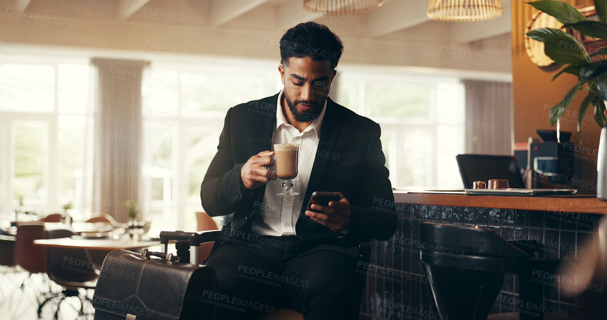Buy stock photo Businessman, coffee and phone with luggage in hotel cafe for travel, check in or accommodation. Man, customer or traveler waiting with mobile smartphone for caffeine drink, schedule or time in lodge