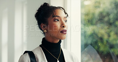 Buy stock photo Ideas, window or woman thinking in business with reflection for real estate career, ambition or opportunity. Vision, mission or realtor in office for property investment, inspiration or daydreaming