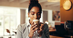 Business woman, cafe and drinking with coffee in luxury resort or hotel for hospitality or check in. Female person, traveler or commute with caffeine for accommodation or catering service in lodge