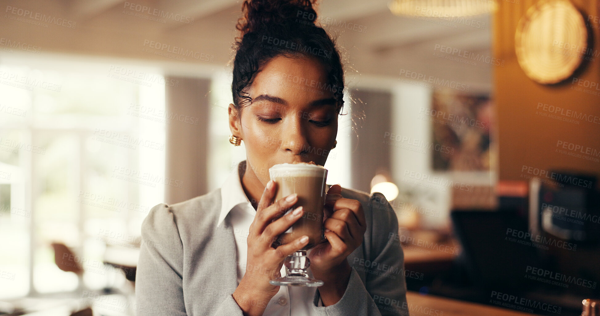 Buy stock photo Business woman, cafe and drinking with coffee in luxury resort or hotel for hospitality or check in. Female person, traveler or commute with caffeine for accommodation or catering service in lodge