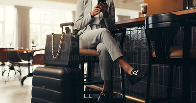 Buy stock photo Woman, legs and waiting with luggage or phone in hotel for accommodation, travel or schedule flight. Female person, bags or suitcase with mobile smartphone for time, delay or commute in luxury cafe