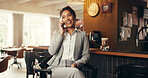 Business, woman and phone call with luggage at cafe for discussion, travel schedule and work trip. Female person, suitcase and mobile for client chat, agenda and contact hotel for booking accommodation