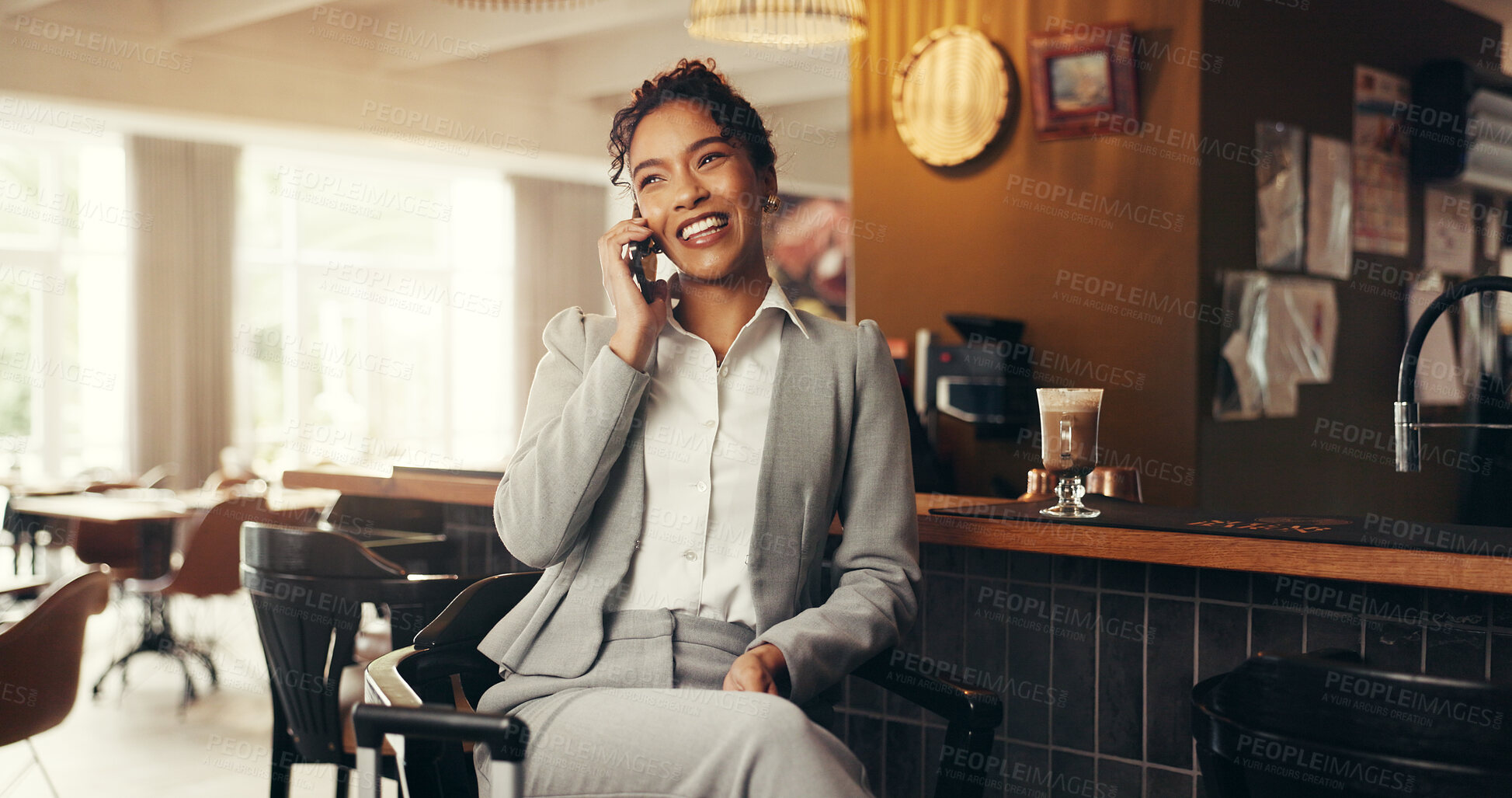 Buy stock photo Business, woman and phone call with luggage at cafe for discussion, travel schedule and work trip. Person, suitcase and mobile for client chat, agenda or contact hotel for booking accommodation