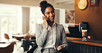 Business, woman and phone call with smile at cafe for discussion, travel schedule and work trip. Female person, mobile and passport for client chat, agenda and contact hotel for booking accommodation