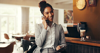 Buy stock photo Business, woman and phone call with smile at cafe for discussion, travel schedule and work trip. Female person, mobile and passport for client chat, agenda and contact hotel for booking accommodation