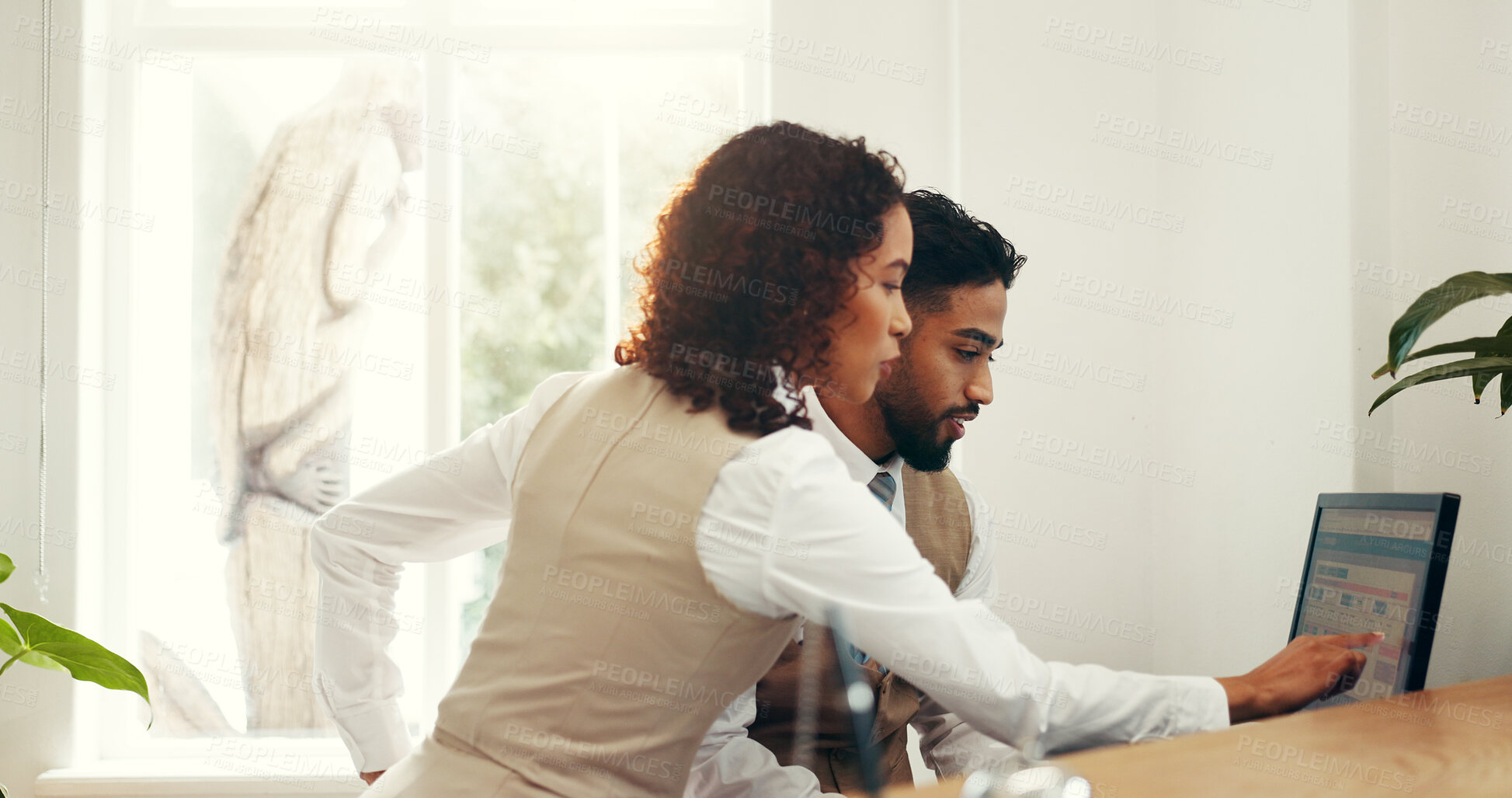 Buy stock photo Hotel, receptionist and colleagues with computer, collaboration and research for reservation on web. Online, man and woman with tech for registration info, teamwork and planning for schedule in motel