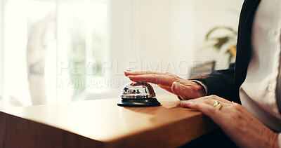 Buy stock photo Person, hands and reception with service bell for request assistance or help in hotel. Closeup, client or customer with alert on front desk for response, question or accommodation in luxury resort