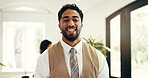 Hospitality, portrait and man at hotel reception for customer service, welcome or luxury accommodation. Smile, friendly concierge and happy in lobby for check in assistance, help or travel booking