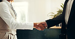 Business people, handshake and meeting with thank you in hotel for customer service or greeting. Customer, concierge or shaking hands with client for welcome, hospitality or accommodation in lodge