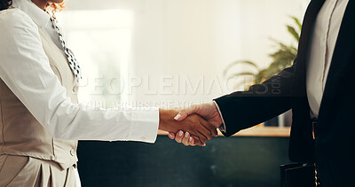 Buy stock photo Business people, handshake and meeting with thank you in hotel for customer service or greeting. Customer, concierge or shaking hands with client for welcome, hospitality or accommodation in lodge