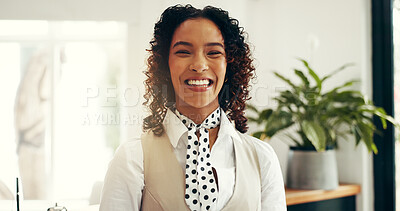 Buy stock photo Hospitality, portrait and woman at hotel reception for customer service, welcome or luxury accommodation. Smile, friendly concierge and happy in lobby for check in assistance, help or travel booking