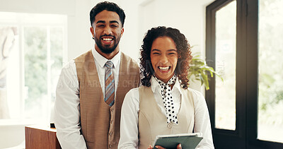 Buy stock photo Hospitality, portrait and team at hotel reception for customer service, welcome or luxury accommodation. Tablet, concierge people and happy in lobby for check in assistance, help or travel booking