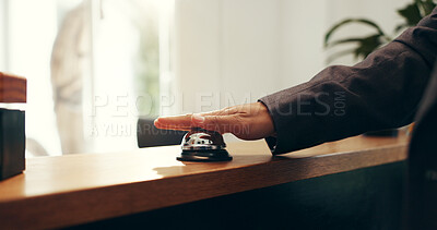 Buy stock photo Person, hands and ringing with service bell for reception or request assistance in hotel. Closeup, client or customer with alert on front desk for response, question or accommodation in luxury resort