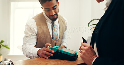 Buy stock photo People, credit card and service with payment at hotel, concierge and booking with hospitality at resort. Hands, receptionist and support at help desk with fintech, transaction or reservation at lodge