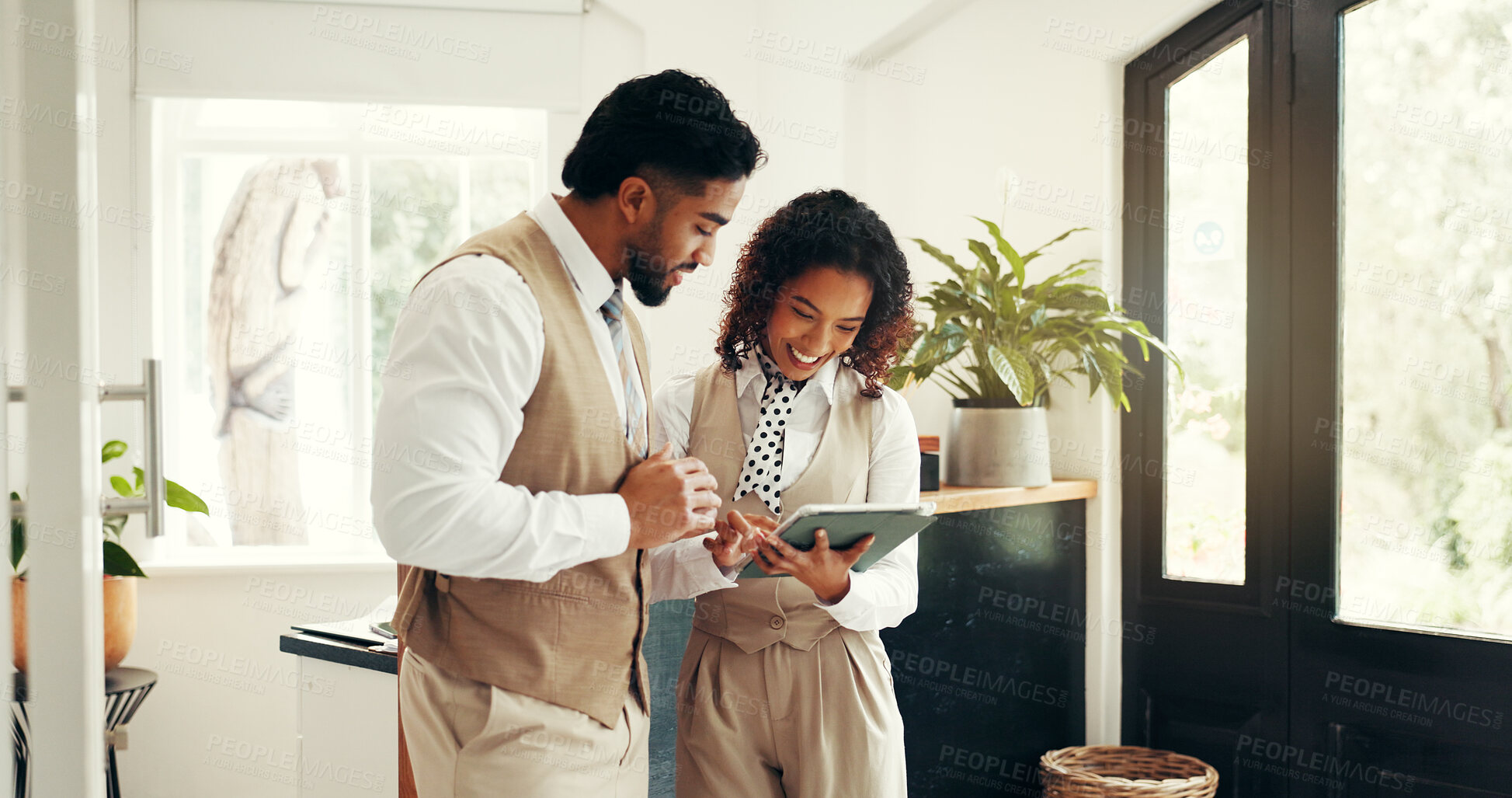 Buy stock photo Teamwork, tablet and people in reception for hotel booking, concierge and guest check in. Hospitality industry, manager and online administration in lobby for resort, reservation enquiry or schedule