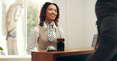 Buy stock photo Hotel, concierge and woman with person at front desk for reservation, booking room and check in. Hospitality, lobby and receptionist with client talking for help, service and accommodation info 