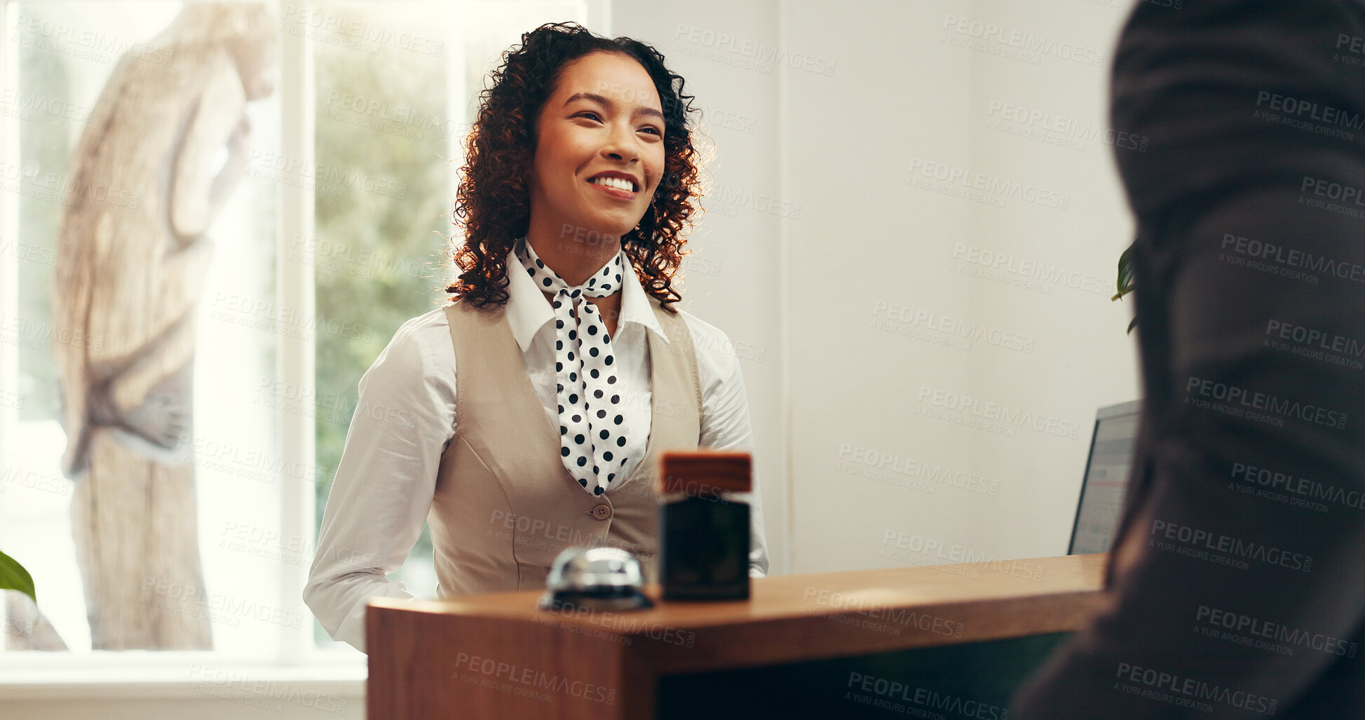 Buy stock photo Hotel, concierge and woman with person at front desk for reservation, booking room and check in. Hospitality, lobby and receptionist with client talking for help, service and accommodation info 