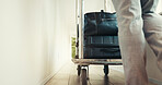 Legs, porter and push luggage in hotel for bags delivery, check in service or guest escort. Concierge, hospitality or person with trolley at luxury resort for bellboy assistance or transport suitcase