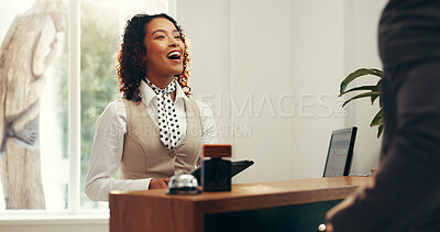 Buy stock photo Hotel, concierge and woman with customer at front desk for reservation, booking room and check in. Hospitality, admin and happy receptionist talking for help, friendly service and accommodation info 