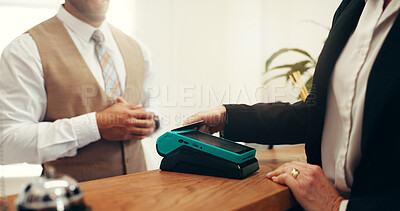Buy stock photo Hands, credit card and transaction with machine at hotel, concierge and booking with hospitality service. People, receptionist and tap at help desk with fintech, easy payment or reservation at lodge