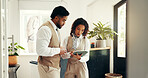 teamwork, hospitality or people in hotel reception with tablet for concierge or guest check in. Accommodation industry, manager and online admin in lobby for resort, reservation enquiry or schedule