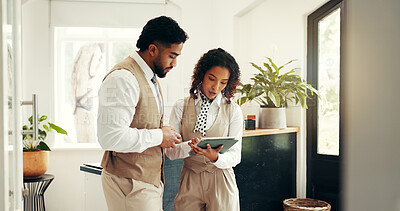 Buy stock photo Teamwork, hospitality or people in hotel reception with tablet for concierge or guest check in. Accommodation industry, manager and online admin in lobby for resort, reservation enquiry or schedule
