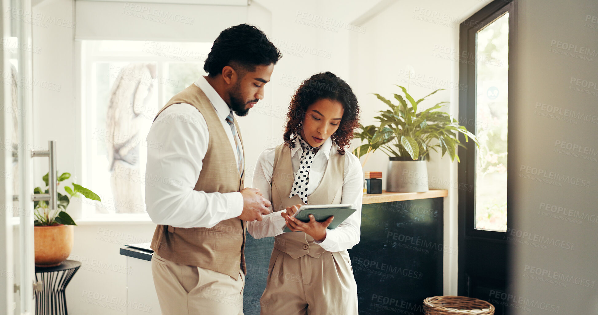 Buy stock photo Teamwork, hospitality or people in hotel reception with tablet for concierge or guest check in. Accommodation industry, manager and online admin in lobby for resort, reservation enquiry or schedule