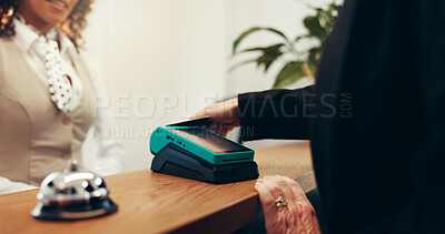 Buy stock photo Hands, credit card and concierge with payment at hotel, service and booking with hospitality at resort. People, receptionist and support at help desk with POS fintech, transaction or machine at lodge