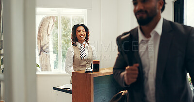 Buy stock photo Concierge, smile and help desk with woman in hotel for  check in assistance, reservation and booking. Registration, information and reception with business person in lobby for guest and hospitality
