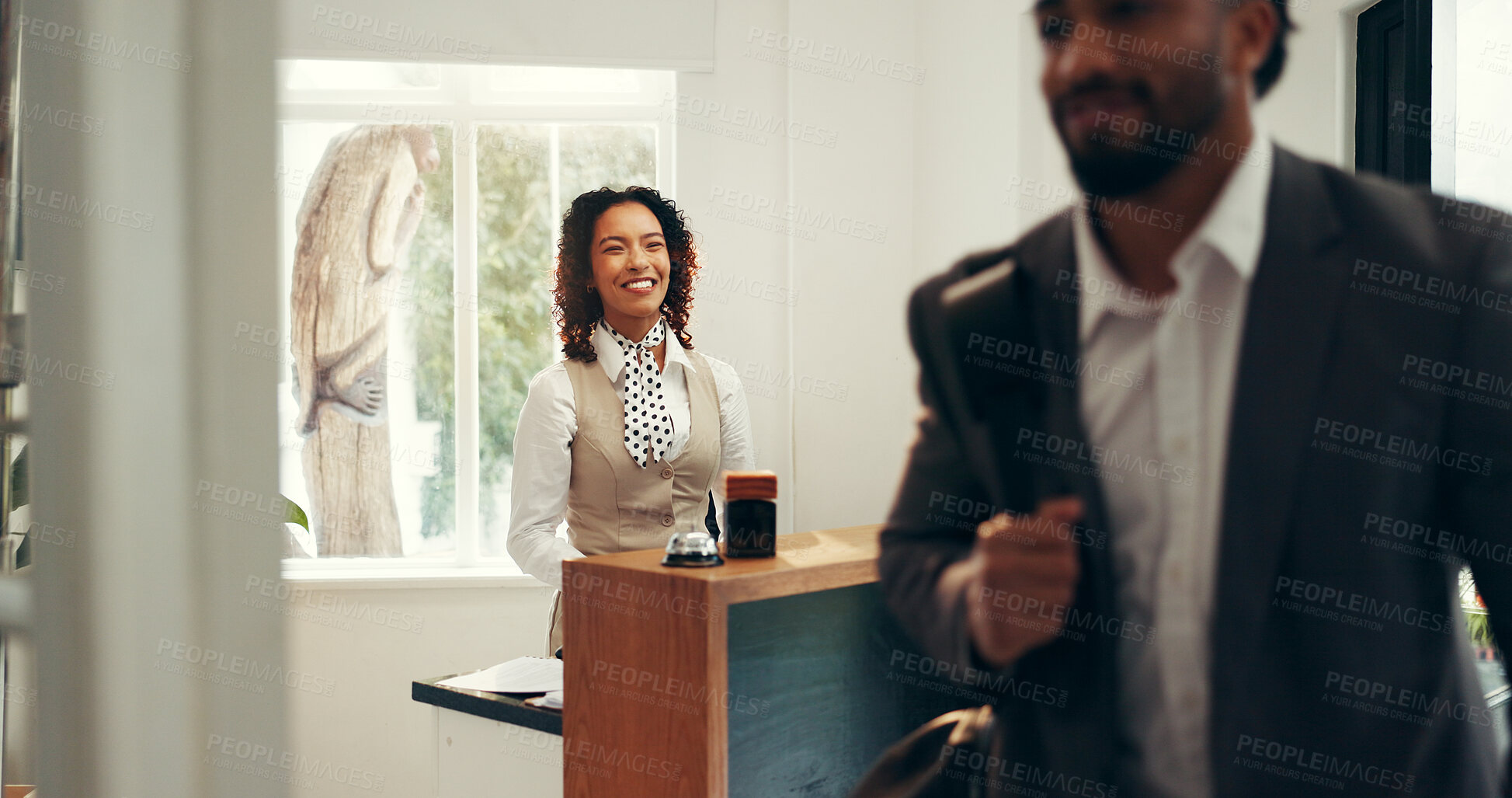 Buy stock photo Concierge, smile and help desk with woman in hotel for  check in assistance, reservation and booking. Registration, information and reception with business person in lobby for guest and hospitality
