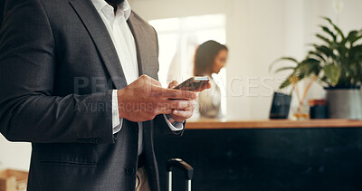 Buy stock photo Hotel, luggage or hands of businessman with phone for online checkin, check booking or reservation. Professional, guest and smartphone in lobby for conference schedule, chat and email travel agency