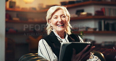 Buy stock photo Tablet, portrait and laughing with business woman for publishing, editor and planning. Author feedback, comic and proofreading novel with mature person in creative agency for online review and search