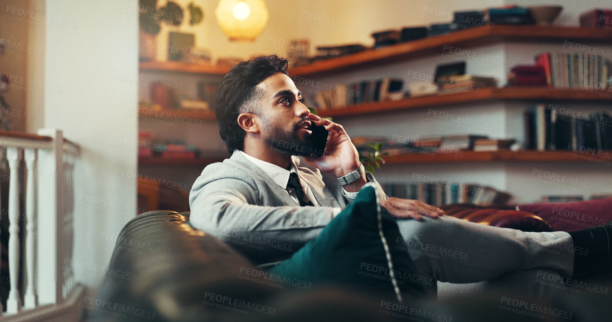 Buy stock photo Businessman, relax or sofa with phone call for discussion, conversation or proposal in lounge suite. Man, employee or communication with mobile smartphone for business chat, negotiation or network