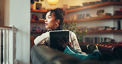 Buy stock photo Tablet, thinking and research with business woman for publishing, editing and reflection. Author feedback, media vision and proofreading novel with person in creative agency for online review